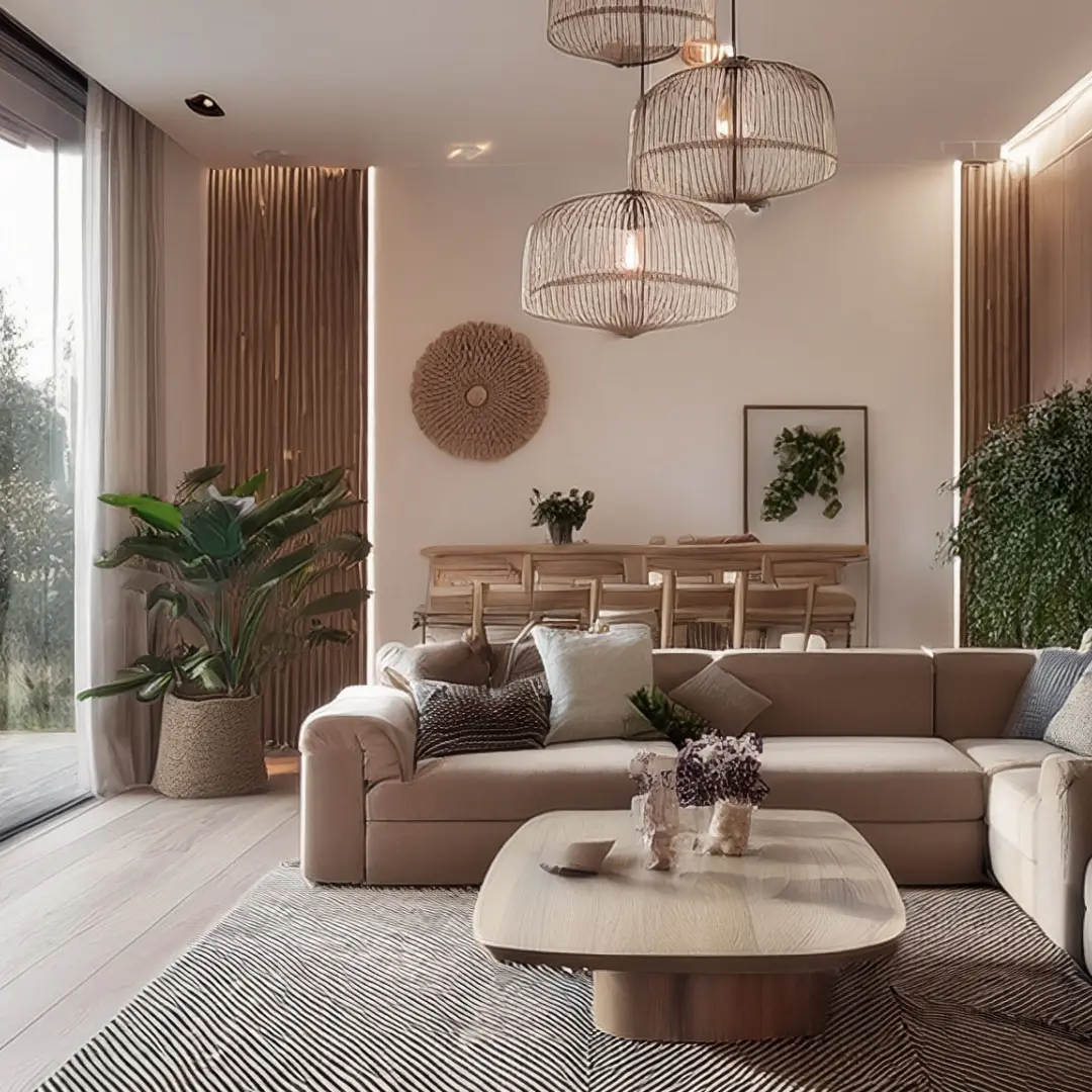 Soggiorno elegante arredato con divano e lampadari di design
