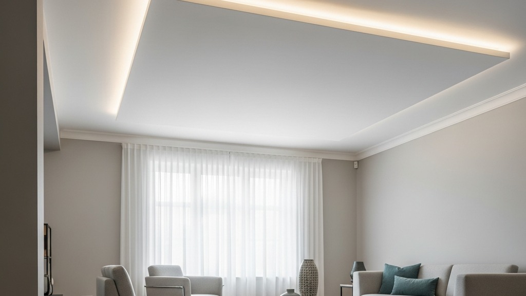 Cartongesso 2026 controsoffitto LED Controsoffitto in cartongesso con veletta LED in un soggiorno moderno