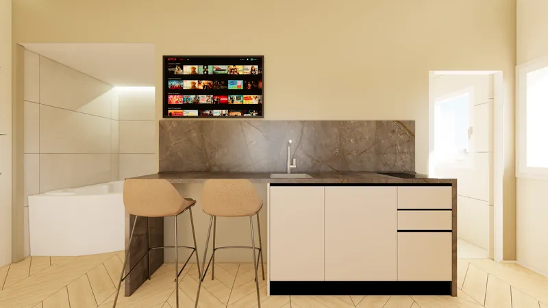 Render di progetto: angolo cottura con piano effetto pietra e due sgabelli alti