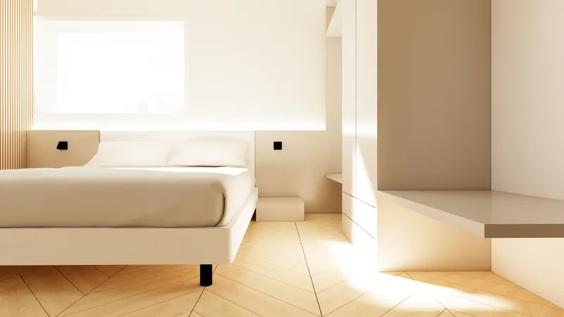 Render di progetto: camera con boiserie