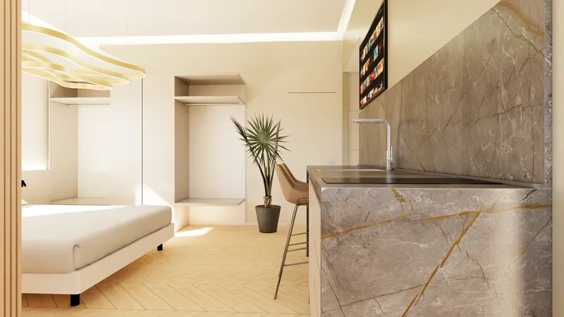 Render di progetto: monolocale con letto, piano cottura rivestito effetto marmo e nicchie a giorno