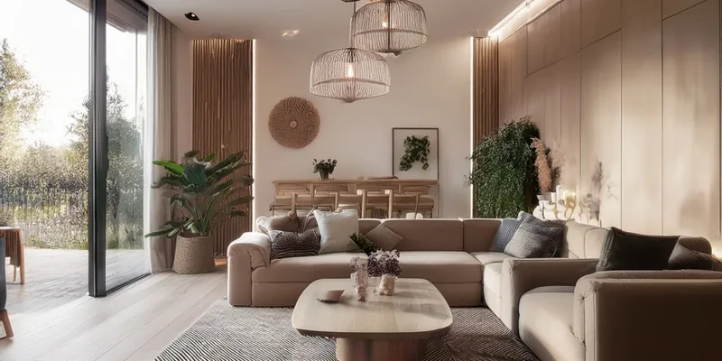 Un soggiorno ristrutturato, luminoso, con parquet e arredo nei toni del legno